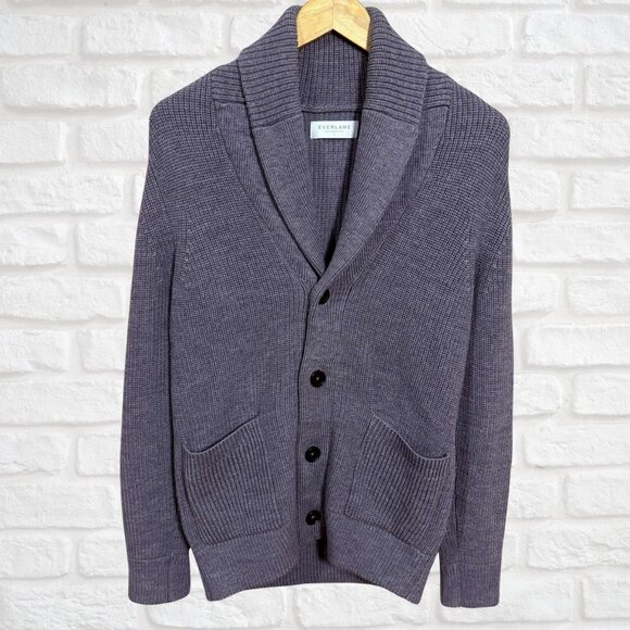 Everlane Men’s Chunky Knit Gray 100% Wool Shawl Collar Cardigan grandpa - Picture 3 of 10